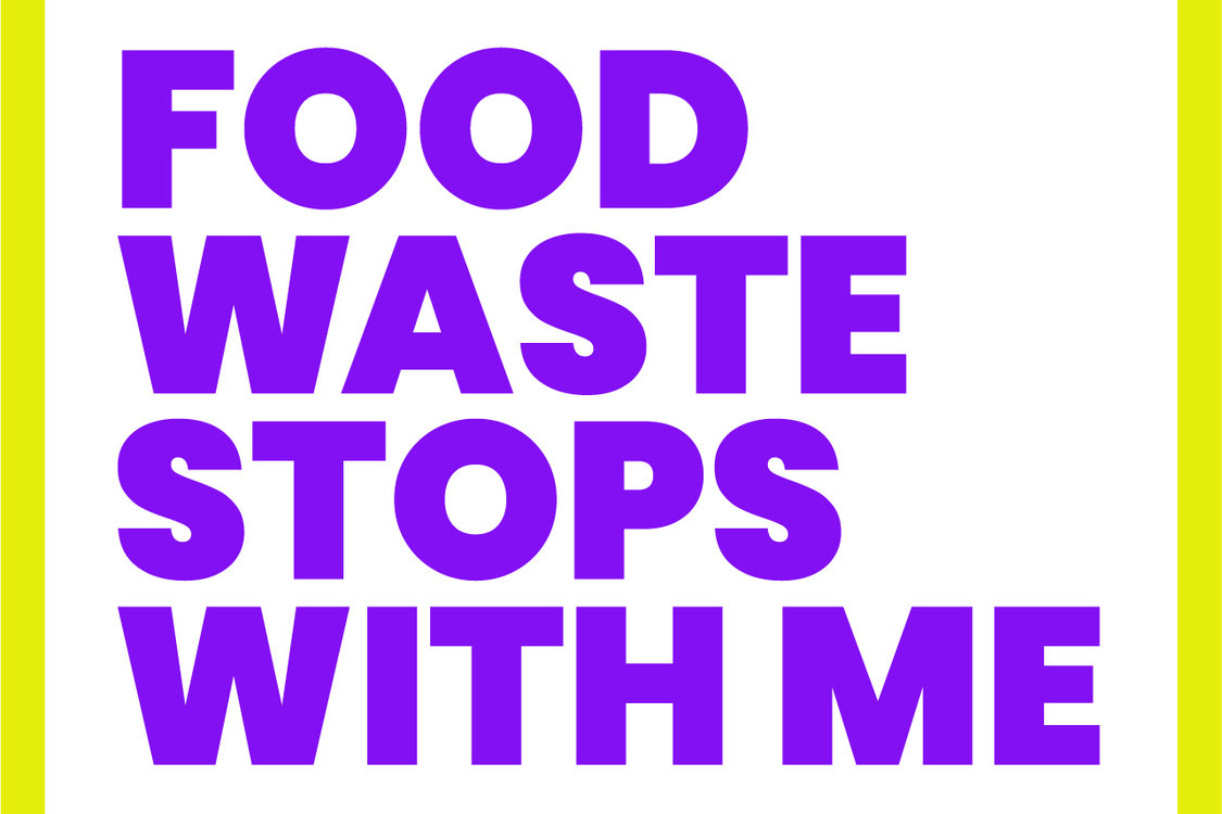 The words "Food waste stops with me" stacked in purple with yellow boarder