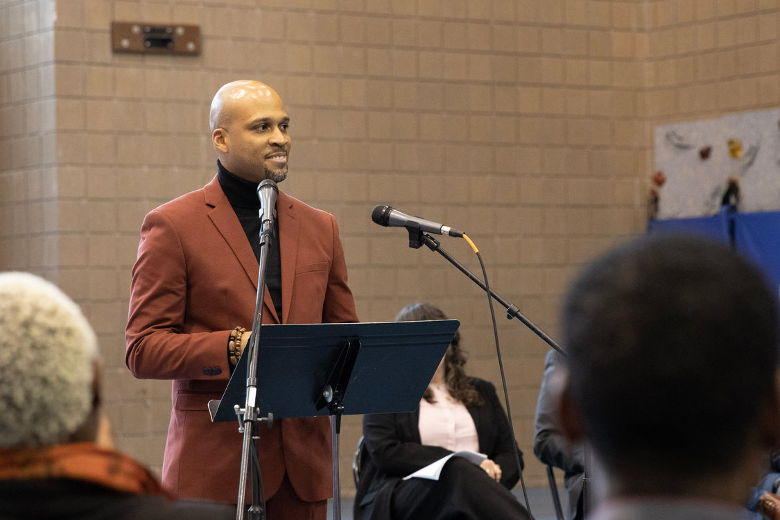 Metro Councilor Ashton Simpson speaks to a crowd at his inauguration ceremony at the East Portland Community Center