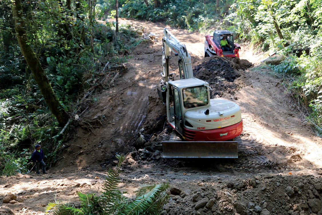 Two earthmovers work in a dirt road in a forest.