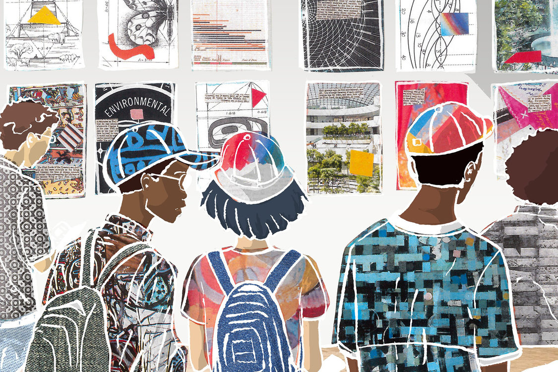 Illustration of several youth wearing backpacks, standing in front of a wall covered with presentation posters.
