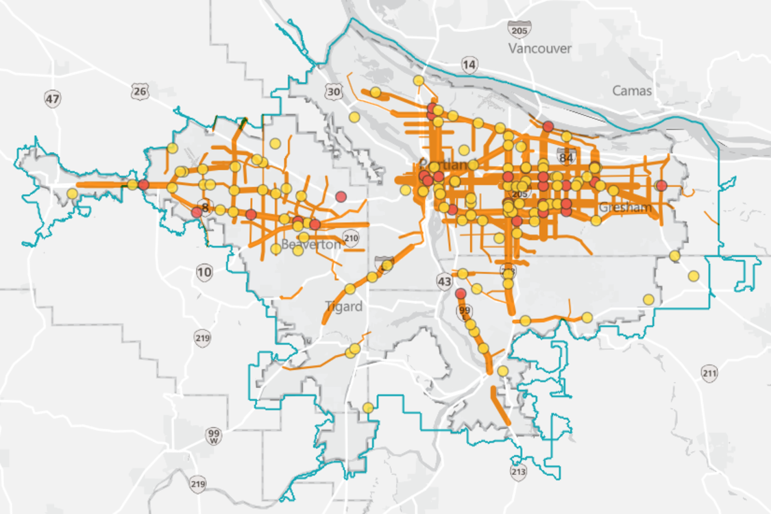 A map showing the location of high-injury corridors in greater Portland over a 5-year period from 2016 to 2020.