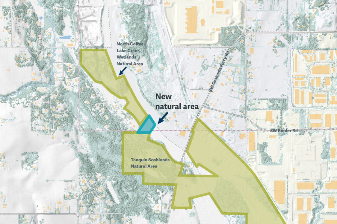 A map of Coffee Lake Creek Natural Area, Tonquin Scablands Natural Area and the new Metro property that connects the two.