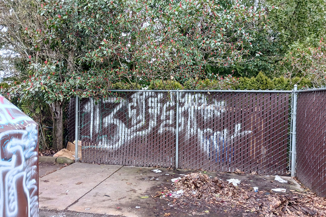 White graffiti covers a dumpster and chain link fence.