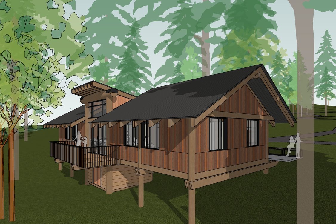 Artist rendering of a proposed community education building in the forested areas of Tryon Creek Park.