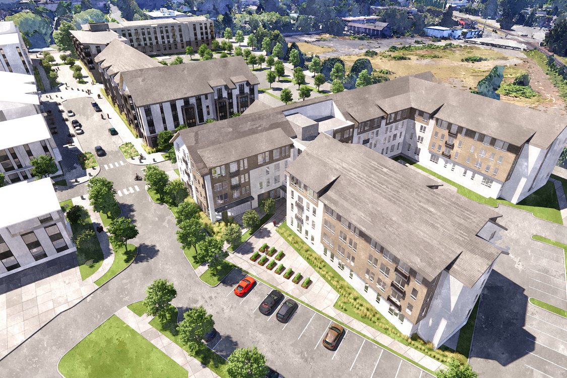 Aerial view artist rendering of an affordable housing project to illustrate greenspace additions near the buildings.
