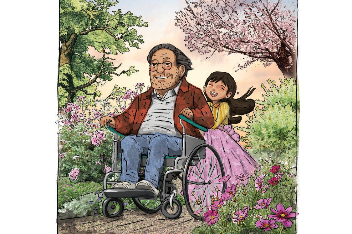 An illustration shows a young girl pushing an elderly man in a wheelchair on a garden path.