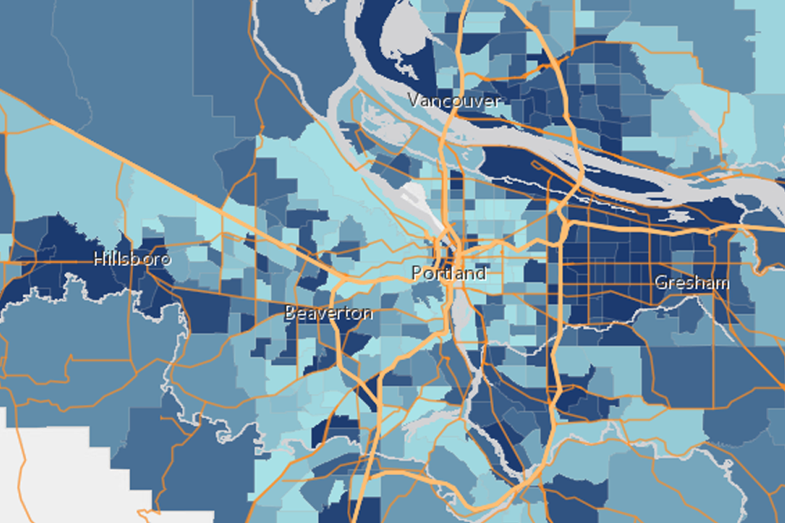 A multi-shaded graphic representation of greater Portland from the interface of Metro's Social Vulnerability Explorer mapping tool.
