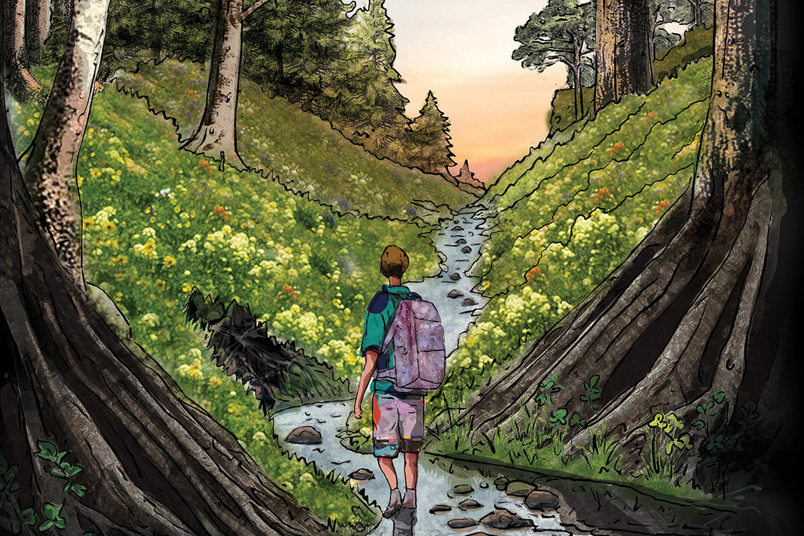 An illustration of a person hiking in a forest, stopping while crossing a small creek to look up toward a sunset.