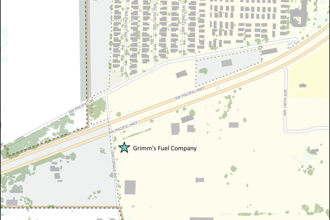 Aerial map showing Grimm's Fuel Company, Inc. location at the intersection of SW Pacific Highway and SW Cipole Road.