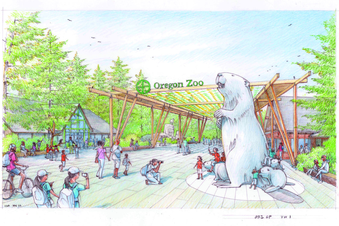 An artist’s conception shows the Oregon Zoo entry plaza featuring a large statue of a beaver and a breezeway with the words "Oregon Zoo" displayed on top. 