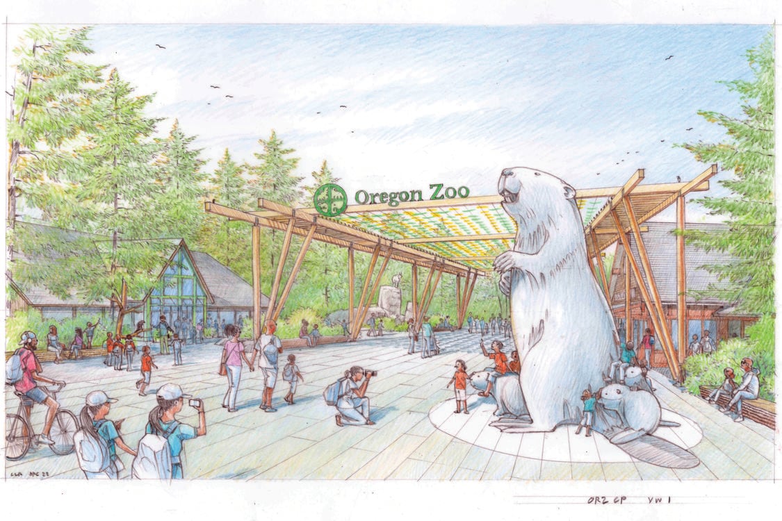 An artist’s conception shows the Oregon Zoo entry plaza featuring a large statue of a beaver and a breezeway with the words "Oregon Zoo" displayed on top. 