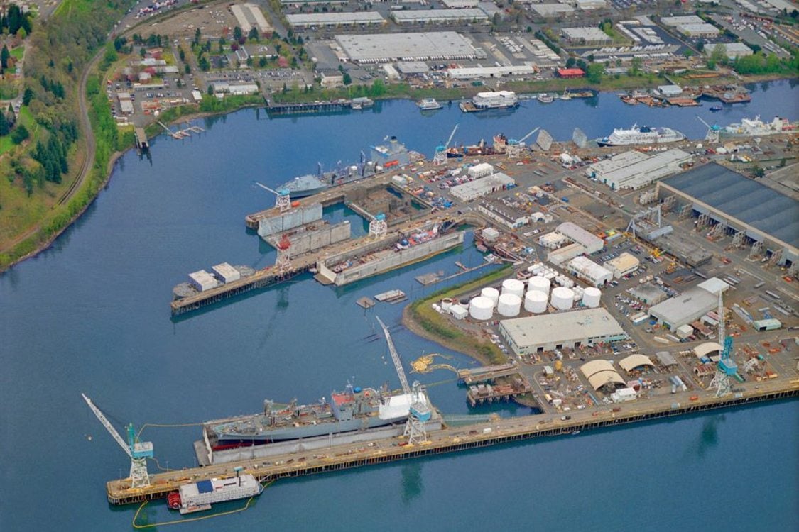 An aerial view of the Swan Island ship yard facility