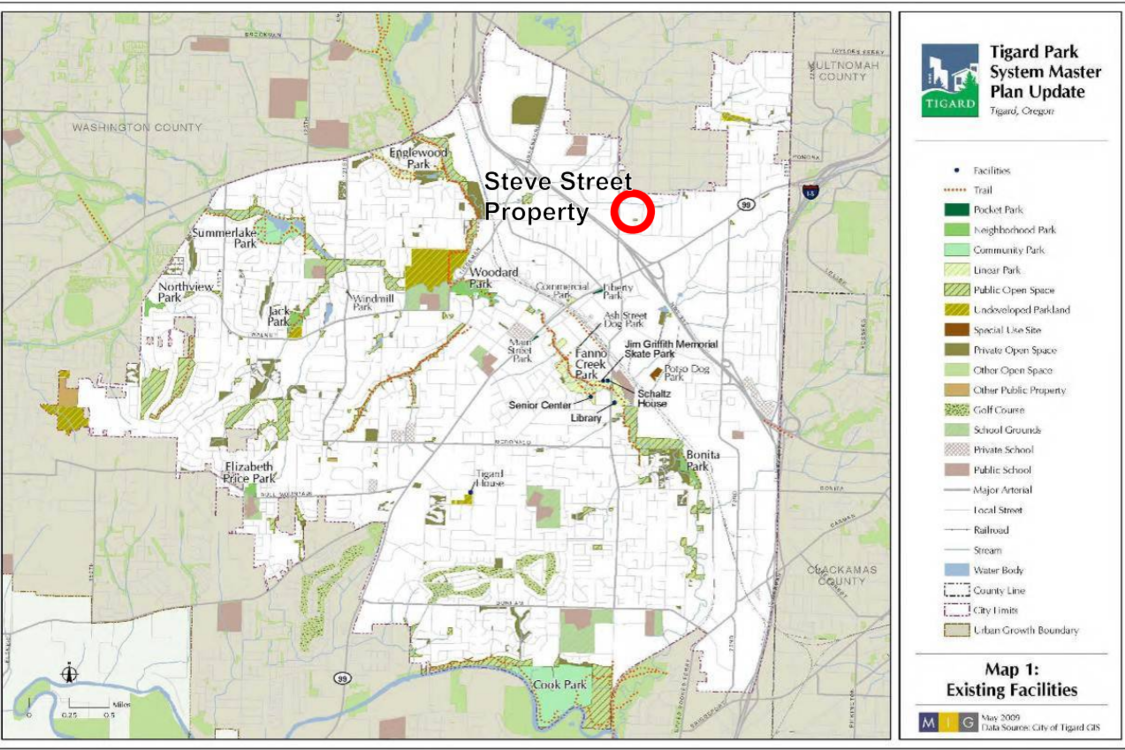 A map of Tigard shows where the city's current parks are located as well as where Steve Street Park will be located in northwest Tigard. 