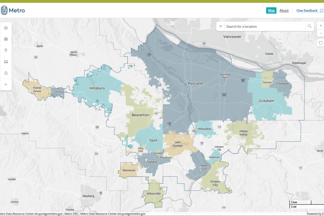 Map graphic of greater Portland metropolitan area, showing outlines of city limits and the Metro regional service boundary.