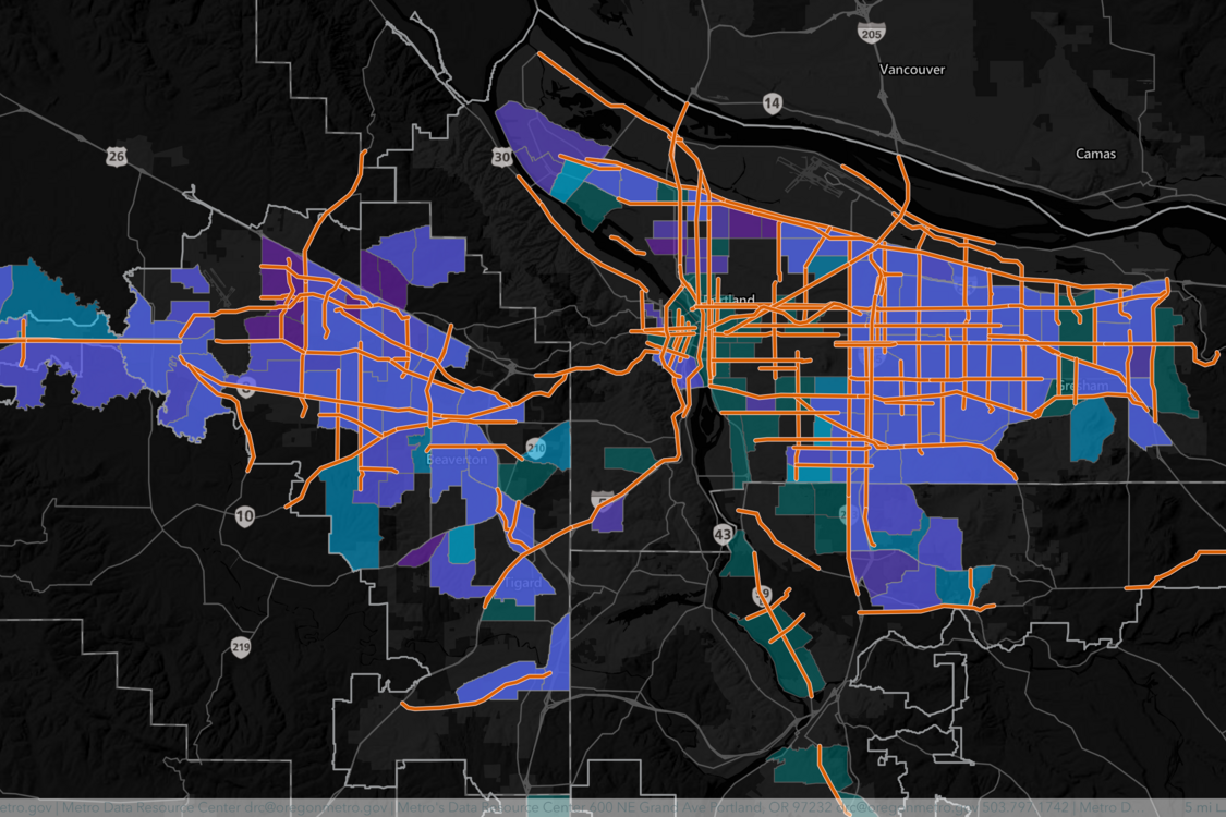 A map that highlights the top 25 high injury corridors and a layer that shows the equity focus areas, or places in the region with higher concentrations of people of color, people with lower income and people with limited English proficiency