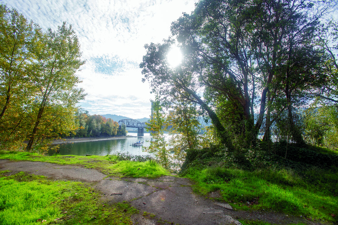 A river bank is covered with grassy concrete. Trees frame the view, and in the distance, a bridge spans the river, with mountains and additional trees visible in the distance. The sky is partly cloudy, and sunlight ref