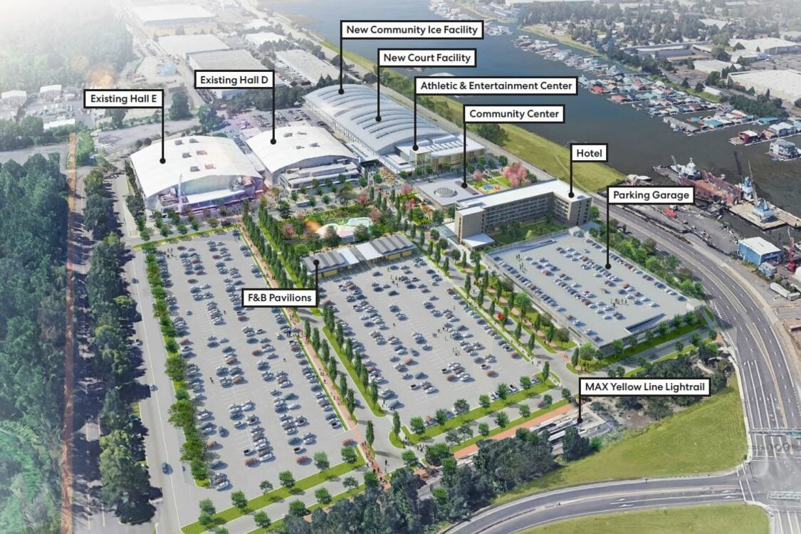Aerial image rendering of Portland Expo Center redevelopment scenario, with both new and existing buildings labeled to illustrate changes to the property.