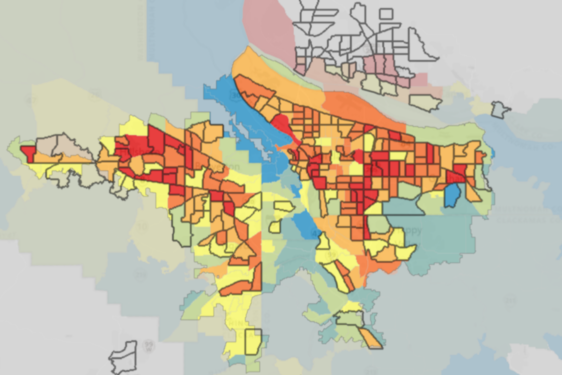 Simplified color-shaded graphic of greater Portland region, showing areas most impacted by urban heat islands in red and areas less affected in shades of orange and yellow.