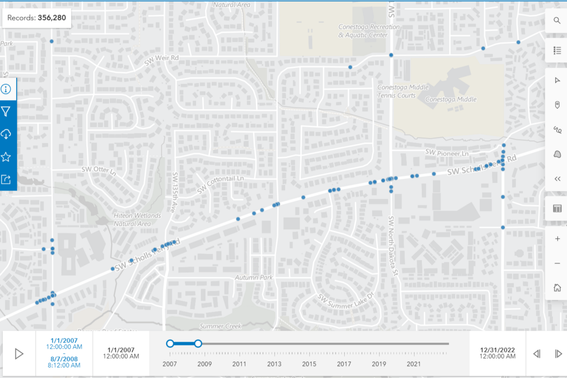A map pulling from Regional Land Information System (RLIS) data with dots to indicate traffic crashes
