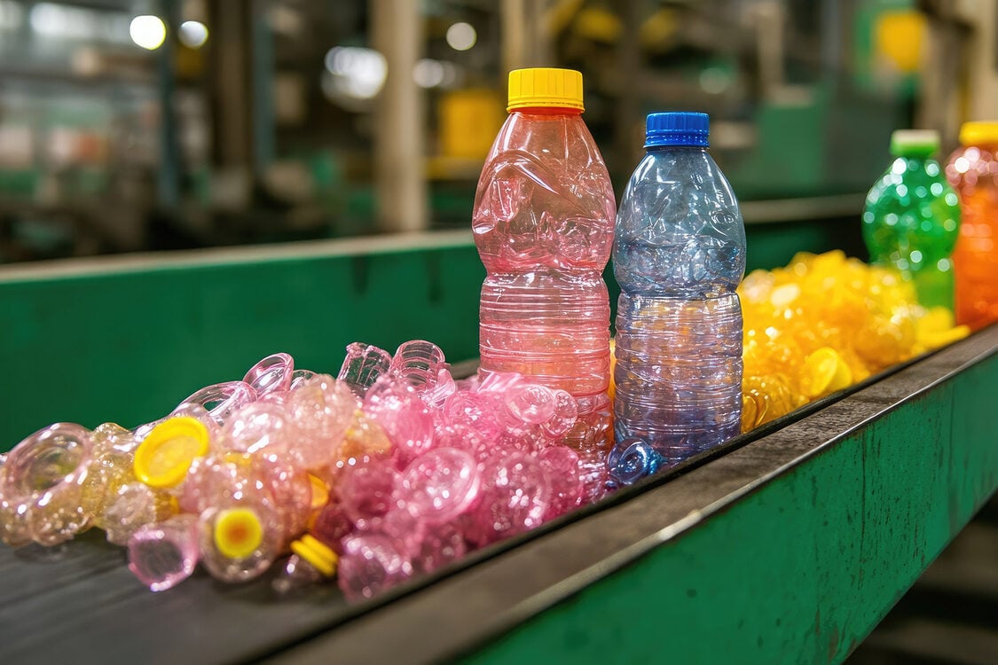 Colorful plastic water bottles are pictured on a conveyer belt at a recycling facility. Several bottles are standing upright with their lids screwed on. 