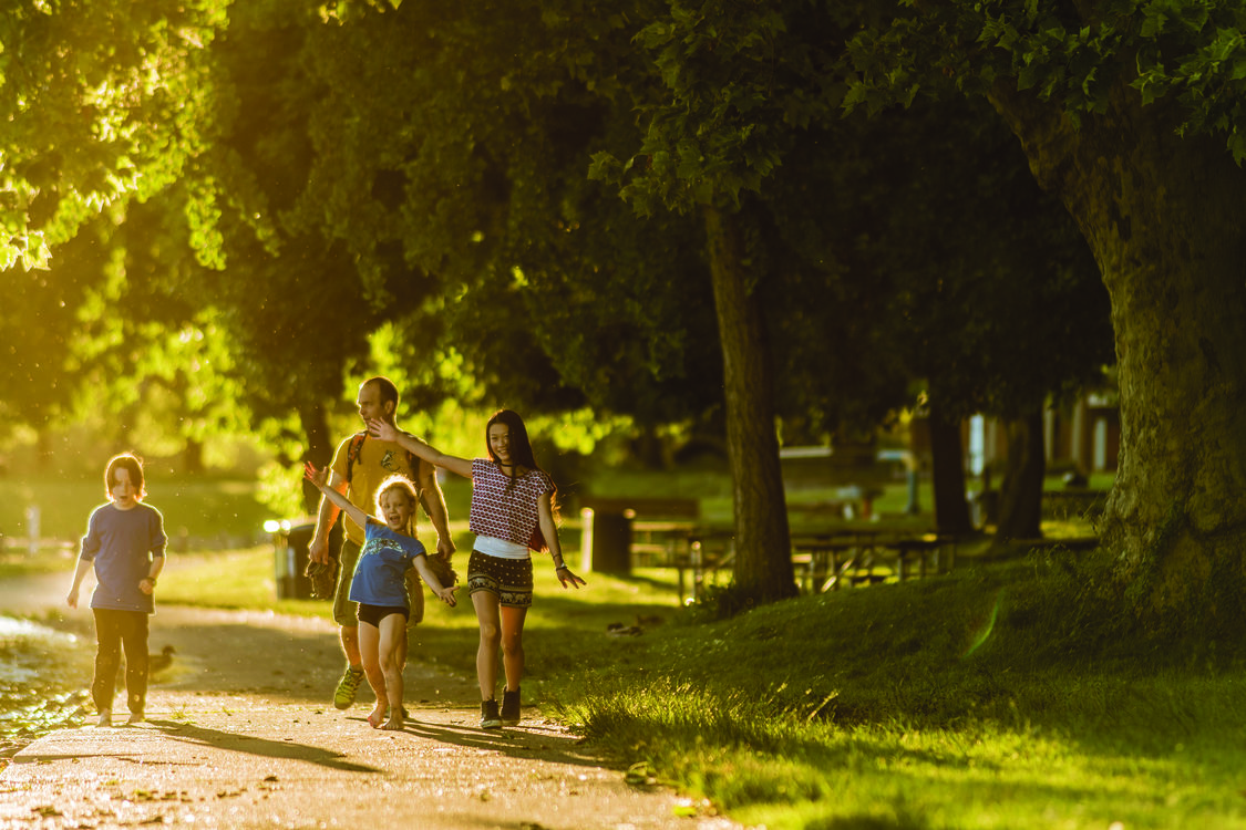 A family of four, including two young kids, walk along a tree-lined path at Blue Lake Regional Park.