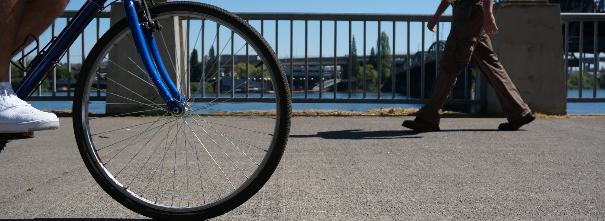 Bike wheel and man walking on Waterfront Park path, low-angle and wide.