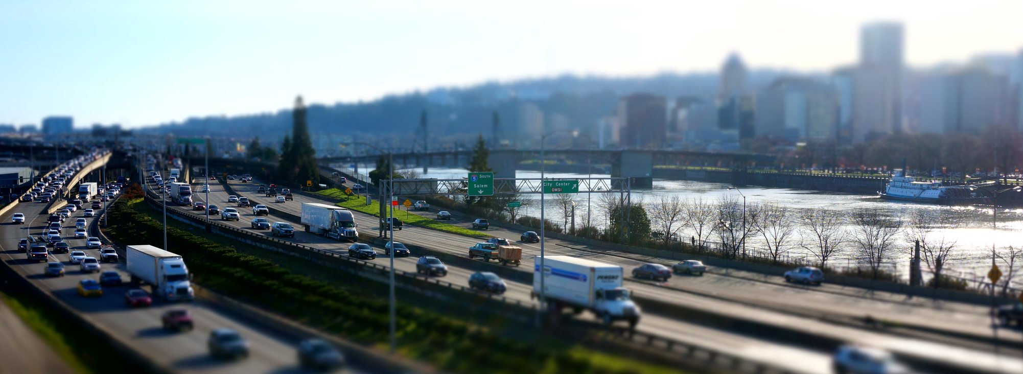 Wide shot of I-5 in Portland, blurred