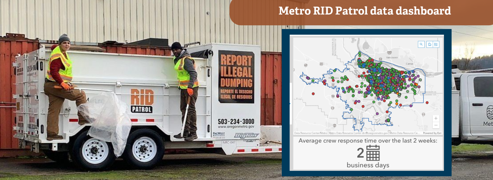 Photo of Metro RID patrol garbage staff and a screenshot of a section of the RID patrol data dashboard