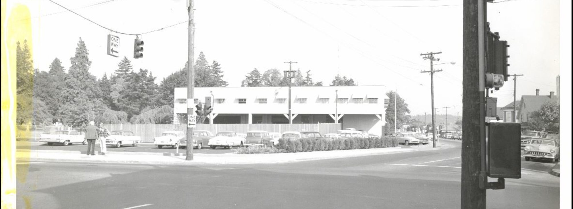 Black-and-white historic photo from 1961 showing the Morrison Building that was constructed on Block 14 in the 1950s and eventually removed.