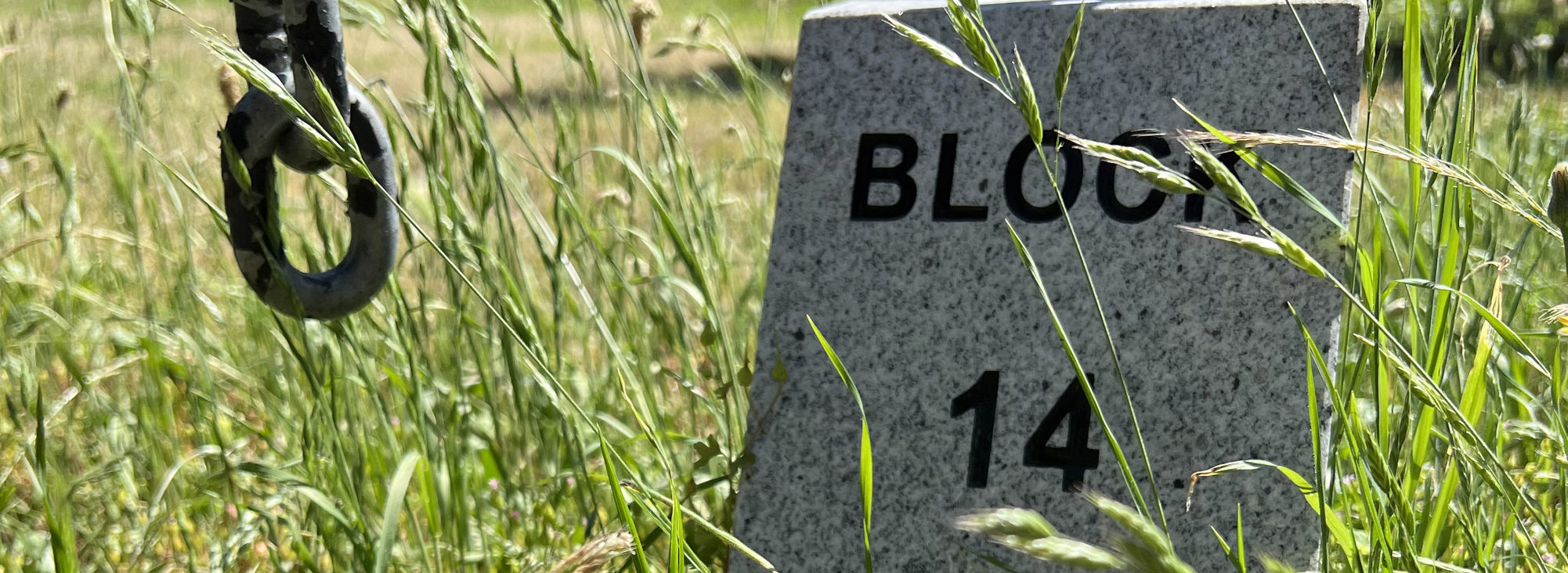 A stone marker with the words "Block 14" engraved in black letters stands on a grassy field with wildflowers in the foreground and an oxidized chain hanging from above