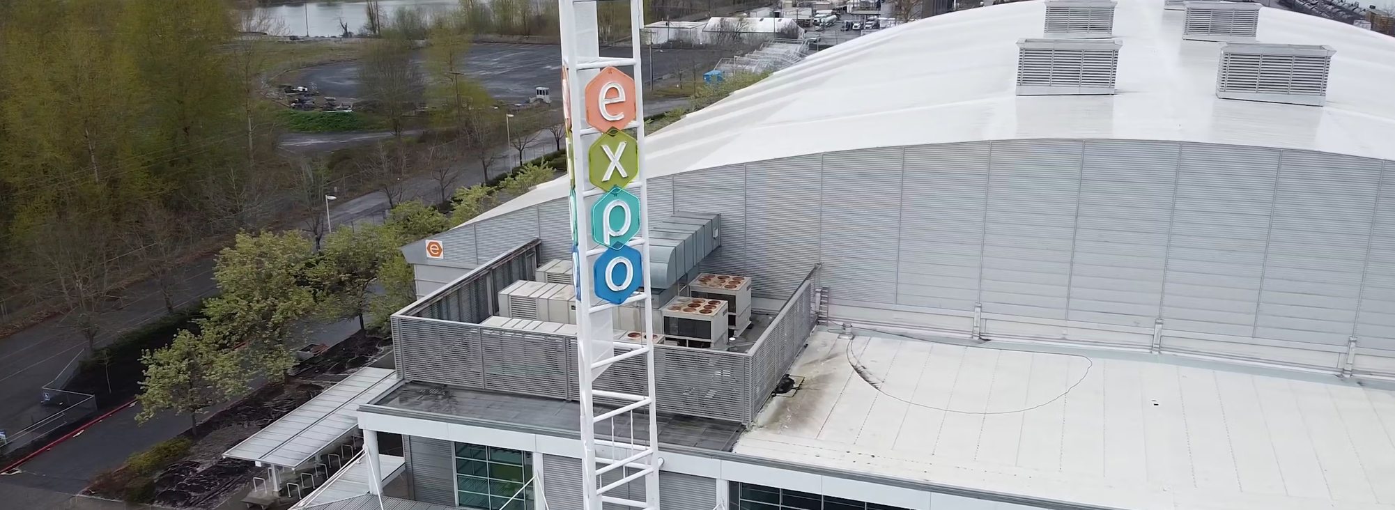 Aerial image of the Expo Center sign and front of building