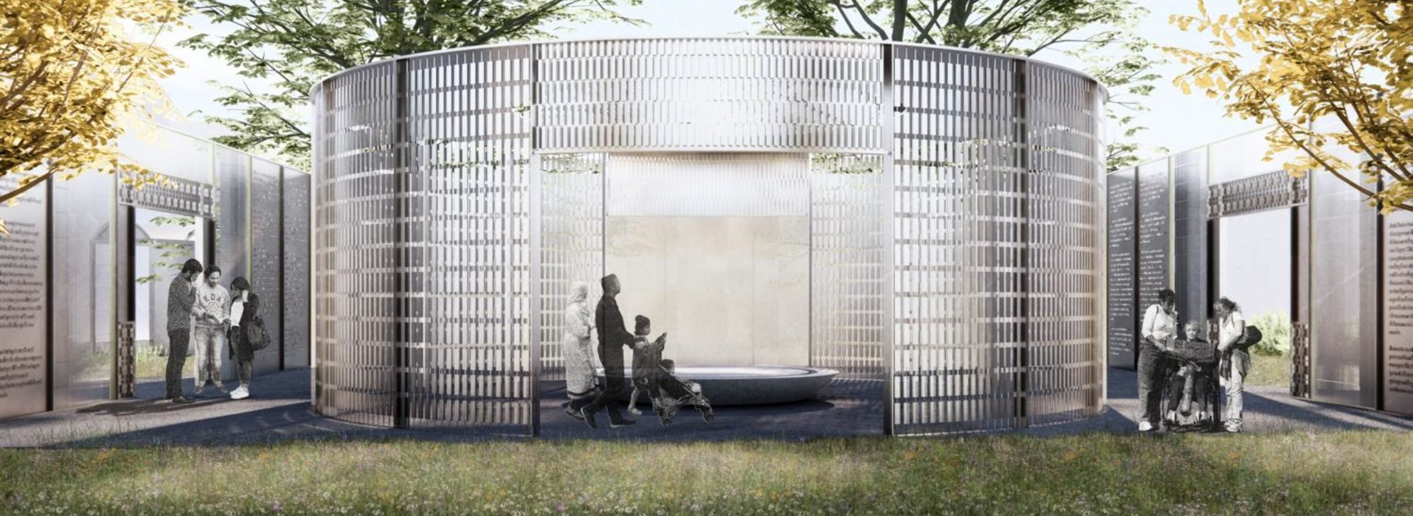 People walk through a circular enclosure with a round altar in the middle. The enclosure is not solid, but a screen made of linked metal rectangles. Trees surround it, as do larger walls with informational signs.