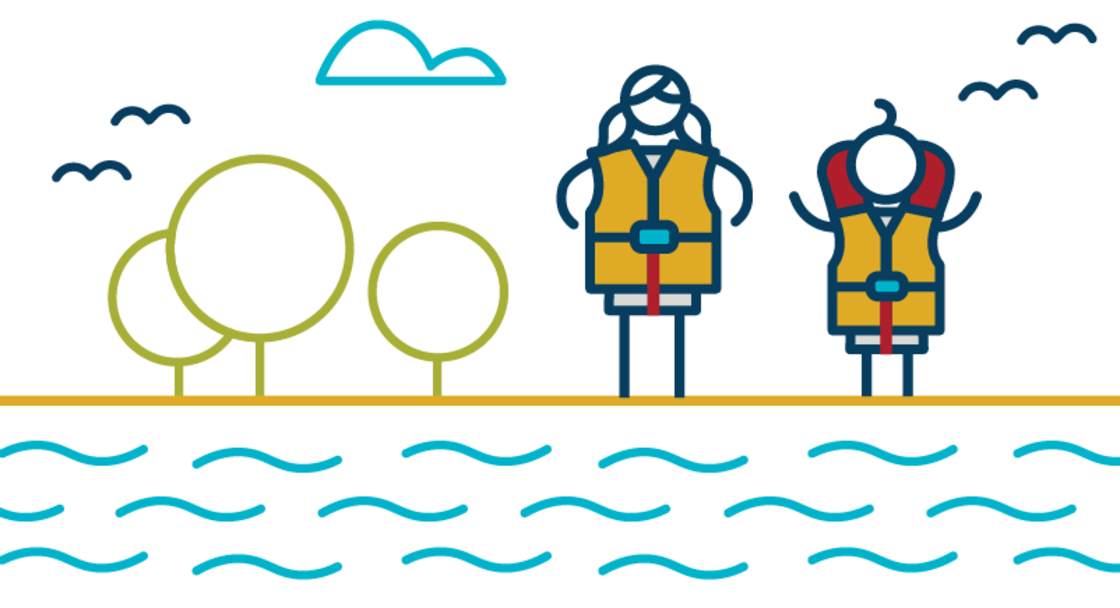 Two stick figure children wear life jackets and stand next to a river.