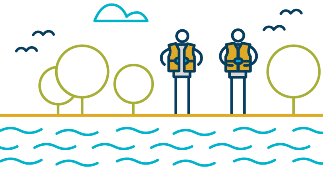 Two stick figure people wear life jackets and stand next to a river.