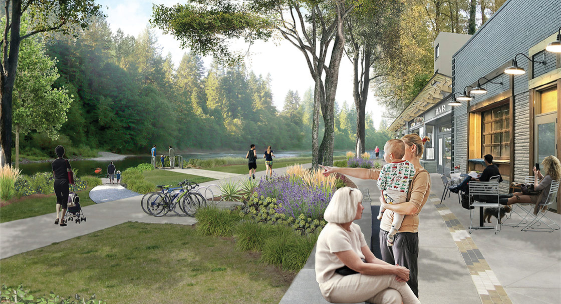 The rendering shows the trail between the river and a row of businesses with lots of foot traffic.