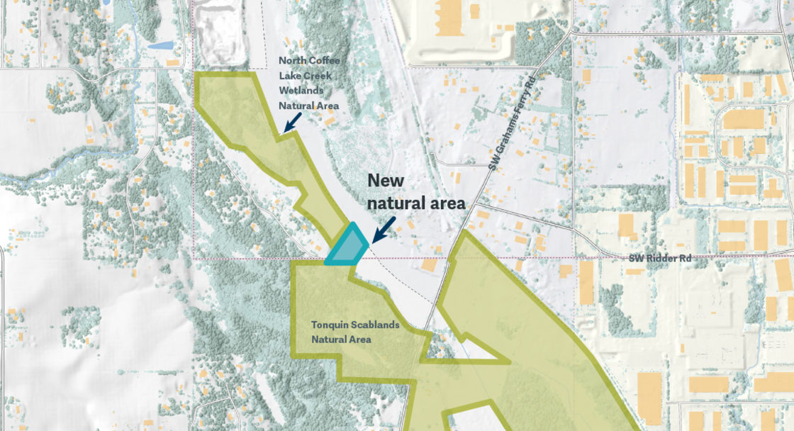 A map of Coffee Lake Creek Natural Area, Tonquin Scablands Natural Area and the new Metro property that connects the two.