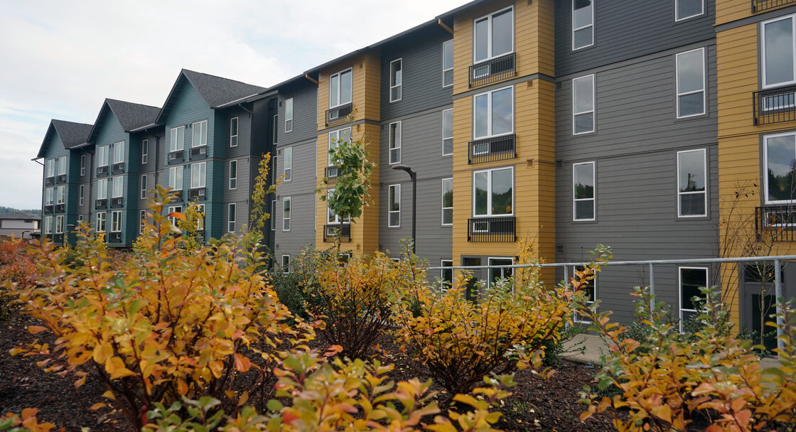 Four story apartment building with shrubery in the foreground