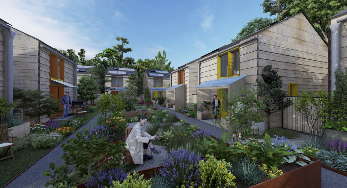 Architectural rendering of a residential development consisting of two-story homes around a courtyard with a garden.