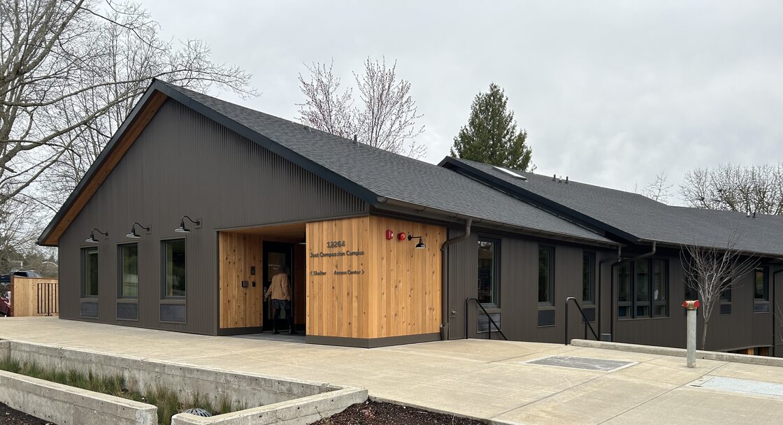 Grey and unfinished wood building with pitched roof. 
