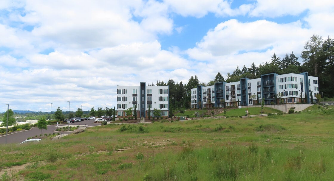 A green field extends toward a housing complex under a blue, cloud-filled sky.
