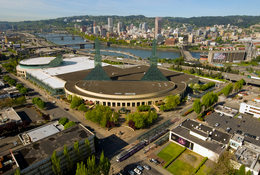An aerial view of the Oregon Convention Center