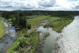 In a drone image, a large river meets a smaller one, with green, tree-filled fields between them.